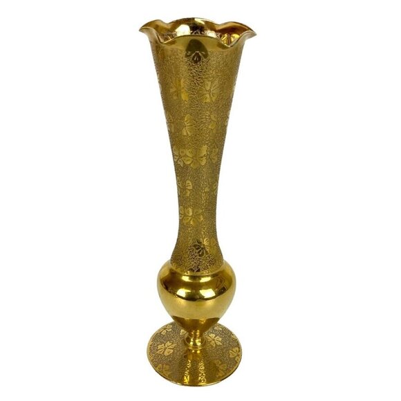 Gold Gilt Plated Etched Glass Bud Vase Floral Design Scalloped Edge Vintage - Picture 5 of 6